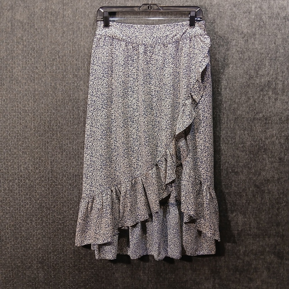 LC Lauren Conrad Blue Ditsy Floral Ruffle High Low Midi Wrap Skirt Womens Medium